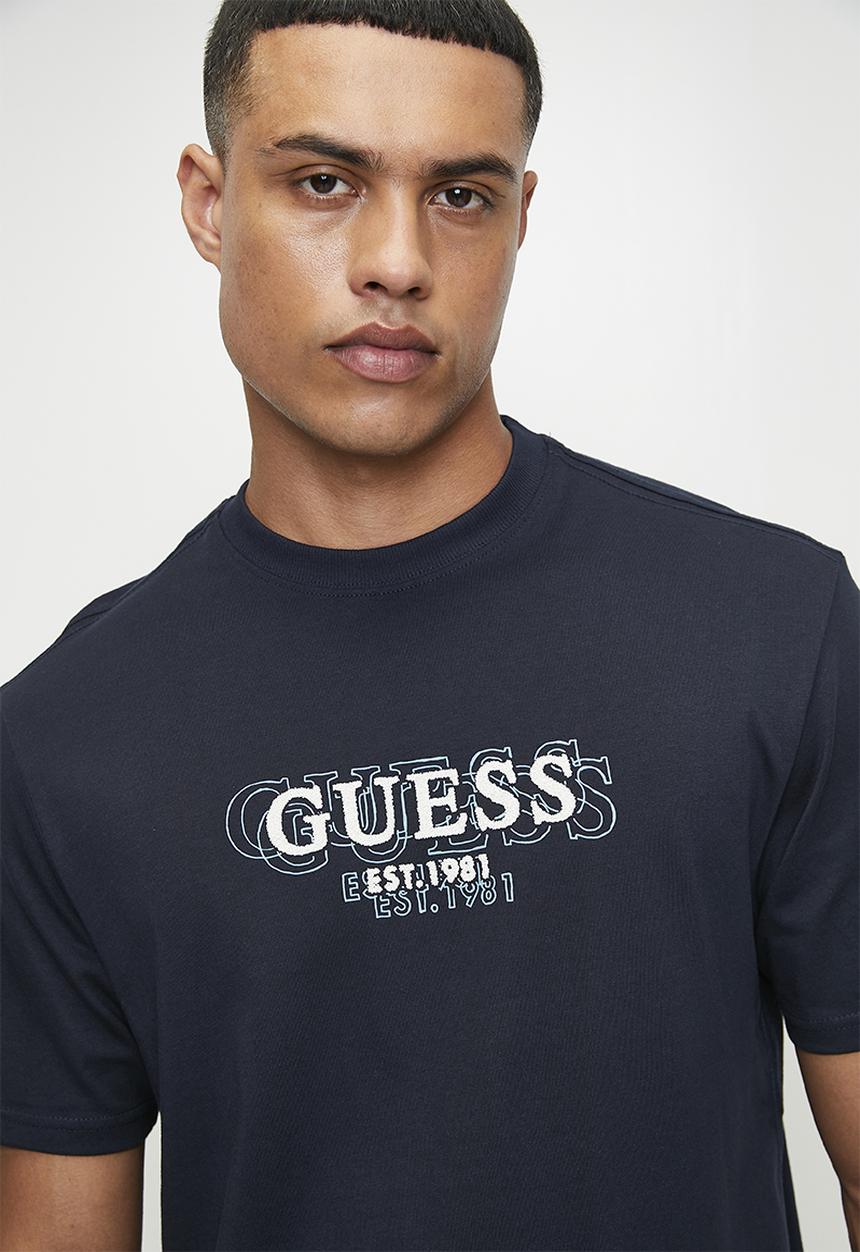 Guess Mens Ss Logo Tee Navy