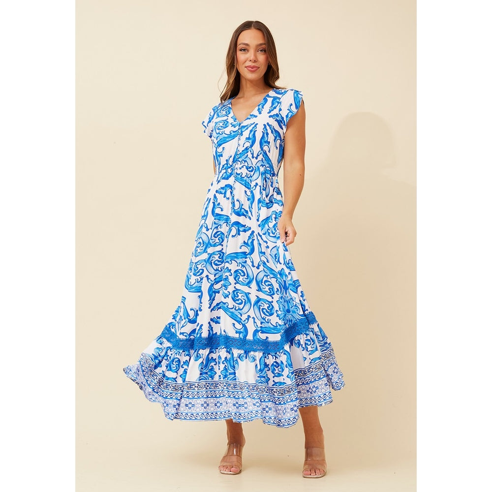 Stella Morgan Cap Sleeve Maxi Dress With Border Print Detail In Blue Multi