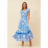 Stella Morgan Cap Sleeve Maxi Dress With Border Print Detail In Blue Multi