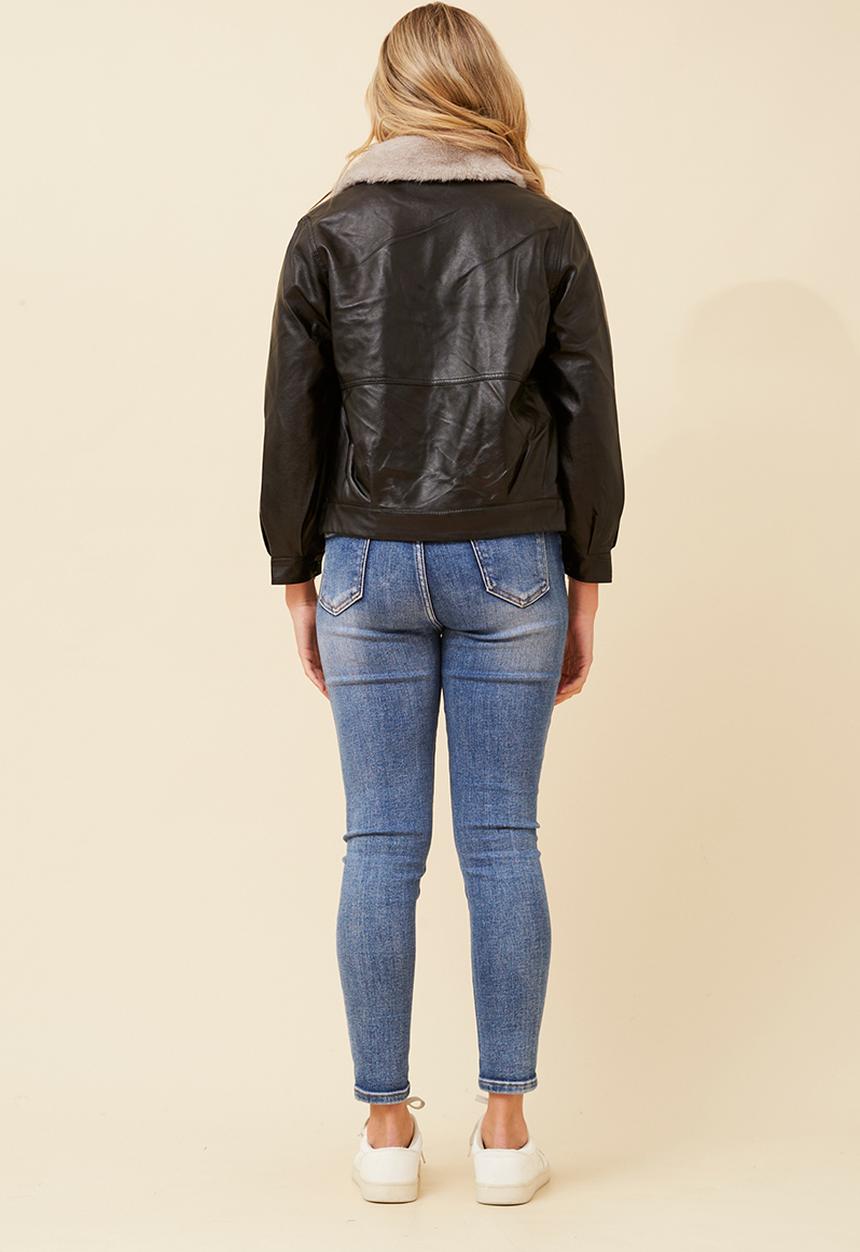 Mandi Womens Zip Bomber Aviator Jacket In Black