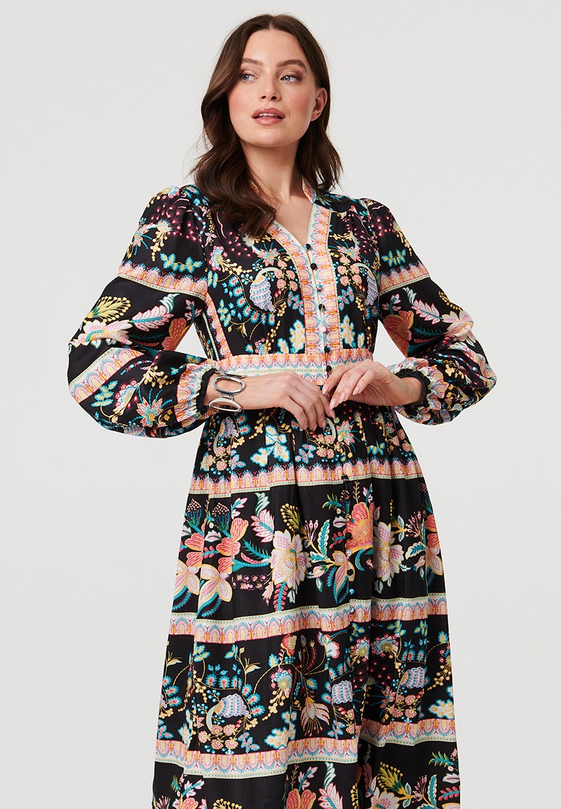 Stella Morgan Long Sleeve Multi Tier Button Down Dress In Black Multi
