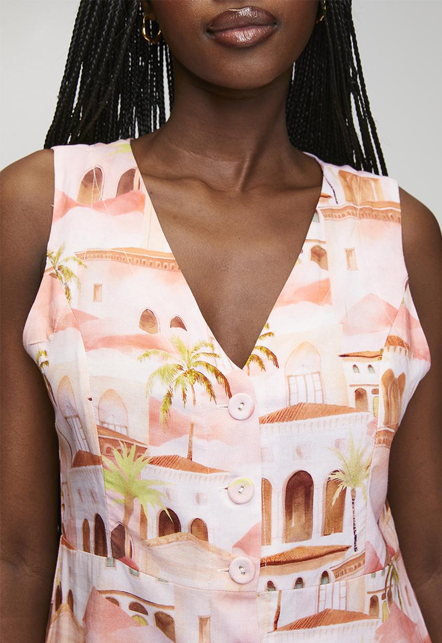 Mandi Womens Longer V-neck Printed Waistcoat In Coral