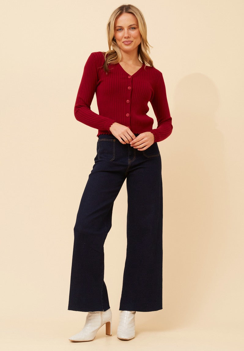 Stella Morgan Long Sleeve Cardigan Round Neck Cropped In Red
