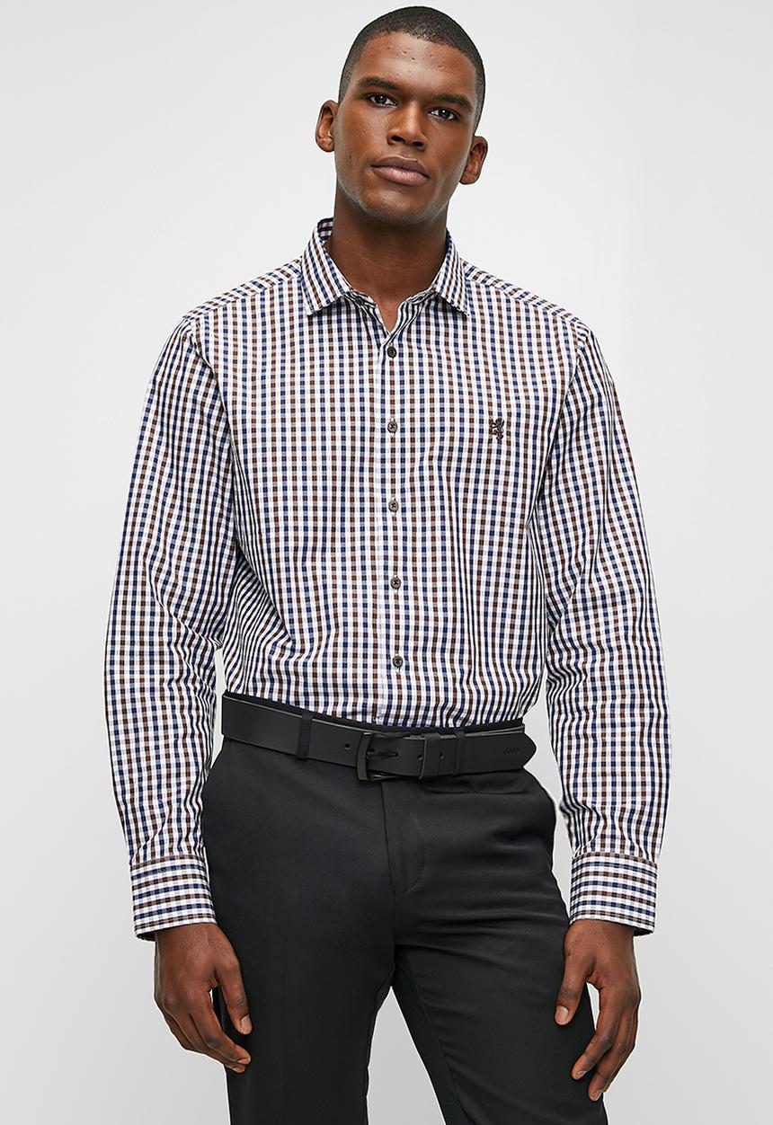 Pringle Mens Roger Gingham Tailored Shirt In Brown And Navy