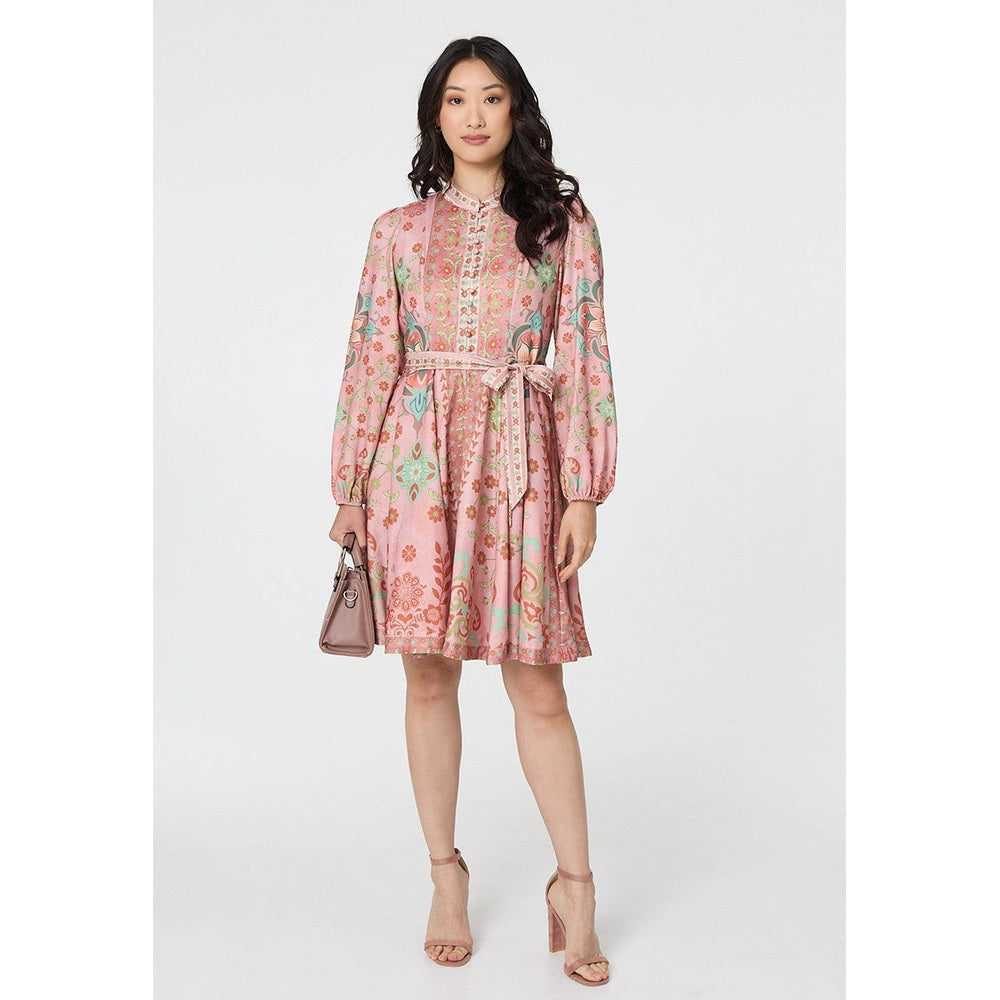 Stella Morgan Womens Long Sleeves With Elastic At Cuff Button Through Dress In Rust Multi