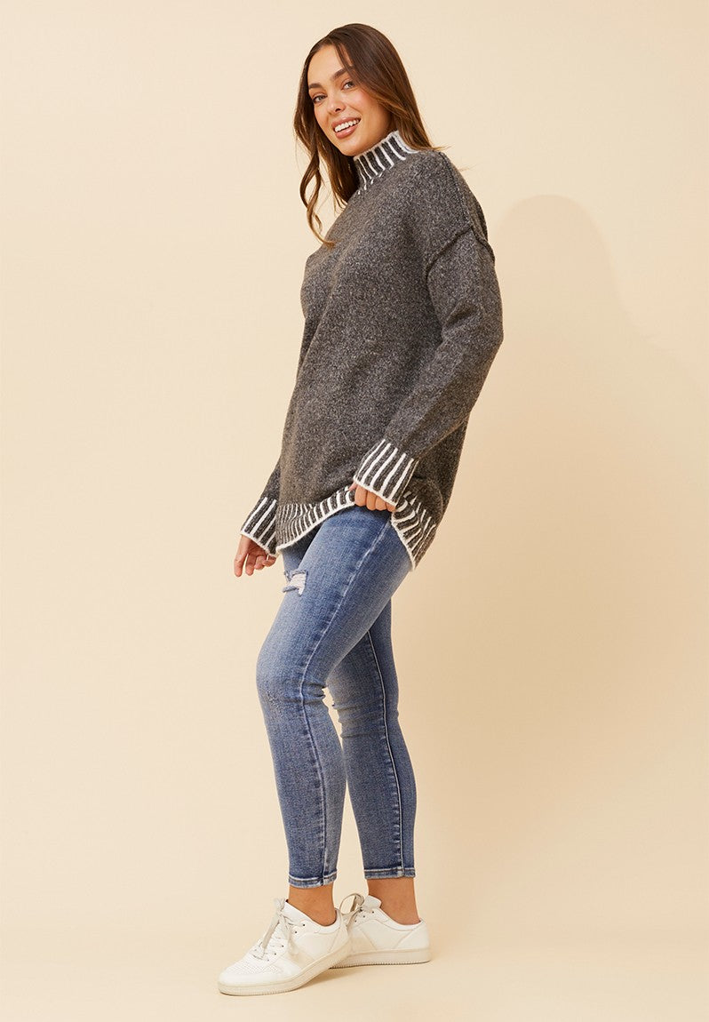 Izabel London Long Sleeve High Neck Extra Length Sweater In Charcoal