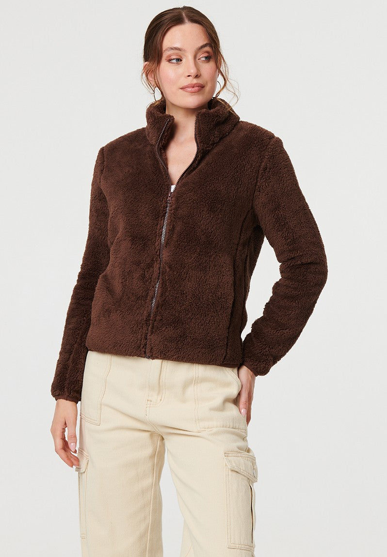 Izabel London Long Sleeve Zip Through Teddy Jacket In Chocolate