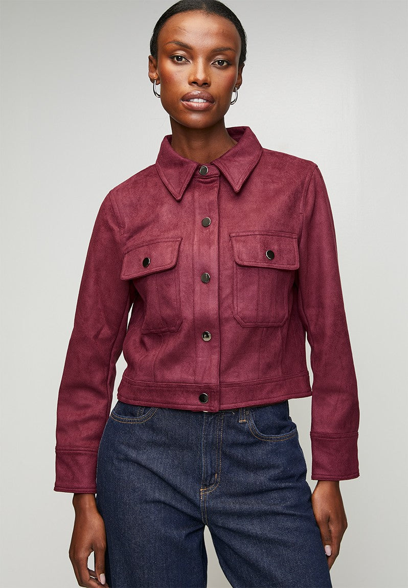 Stella Morgan Long Sleeve Snap Button Crop Faux Suede Jacket In Purple