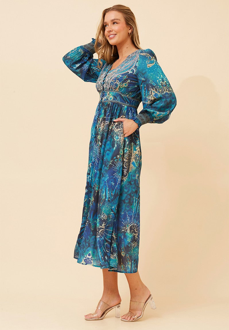 Stella Morgan Long Sleeve V-Neck Sheer Maxi Dress In Blue