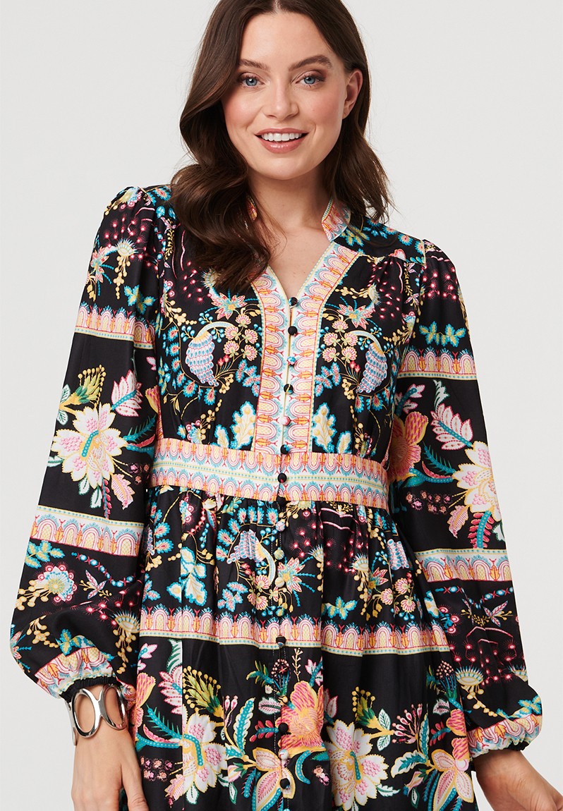 Stella Morgan Long Sleeve Multi Tier Button Down Dress In Black Multi