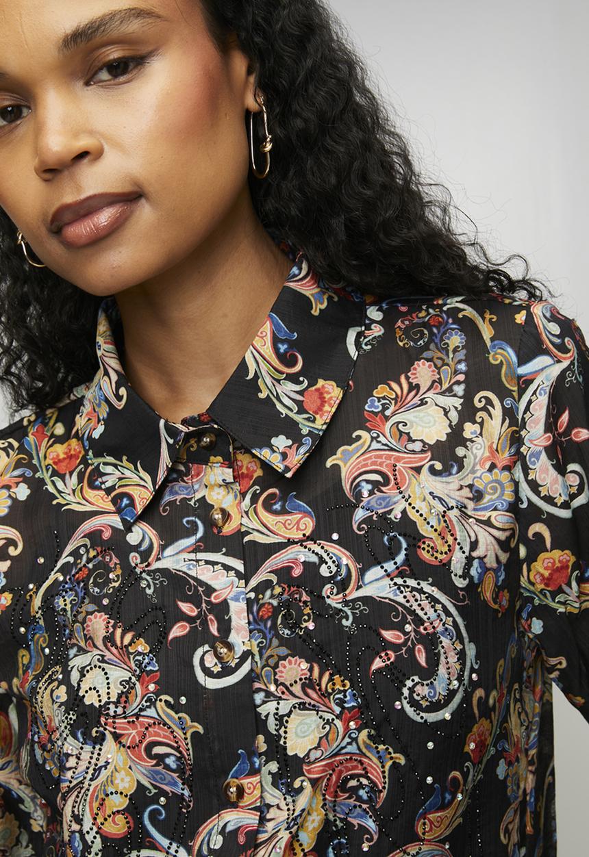 Mandi Womens Long Sleeve Button Through Collared Printed Blouse In Black