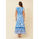 Stella Morgan Cap Sleeve Maxi Dress With Border Print Detail In Blue Multi