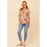 Izabel London Half Sleeve Batwing Printed Sheer Blouse Back Button In Orange