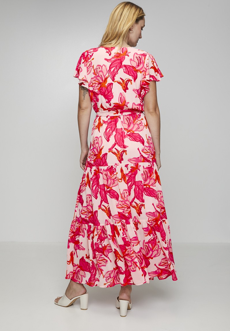 Stella Morgan Cap Sleeve V-Neck Maxi Dress In Red Multi