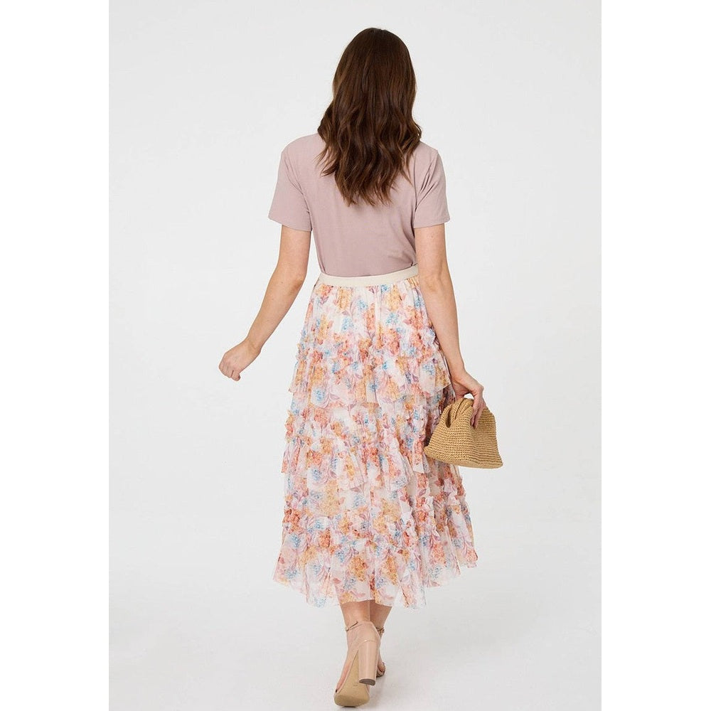 Stella Morgan Elasticated Multi Tiered Printed Mesh Midi Skirt In Cream Multi