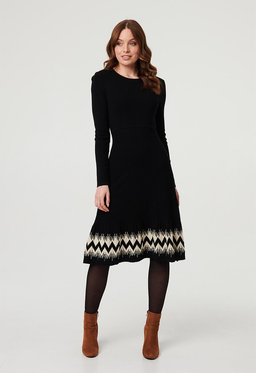 Izabel London Womens Crew Neck Dress With Pattern At Hem In Black