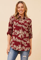 Mandi Womens Long Sleeve Button Through Embroidery Shirt  In Burgandy