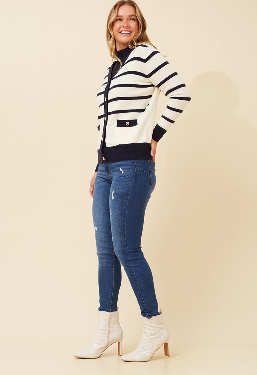 Izabel London Ladies Log Sleeve V-Neck Stripe Jersey In Ivory