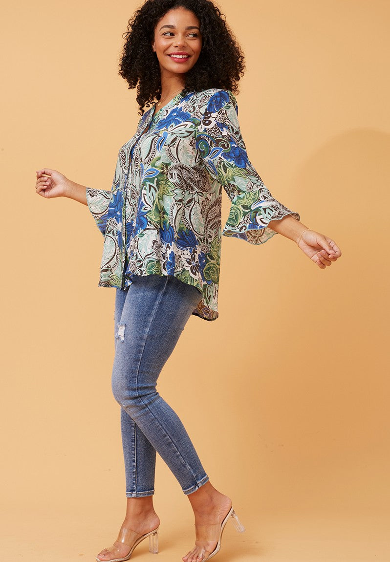 Stella Morgan 3/4 Sleeve Flutter V-Neck Button Through Sheer Blouse In Blue