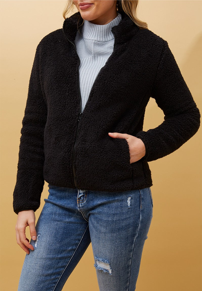 Izabel London Long Sleeve Zip Through Teddy Jacket In Black