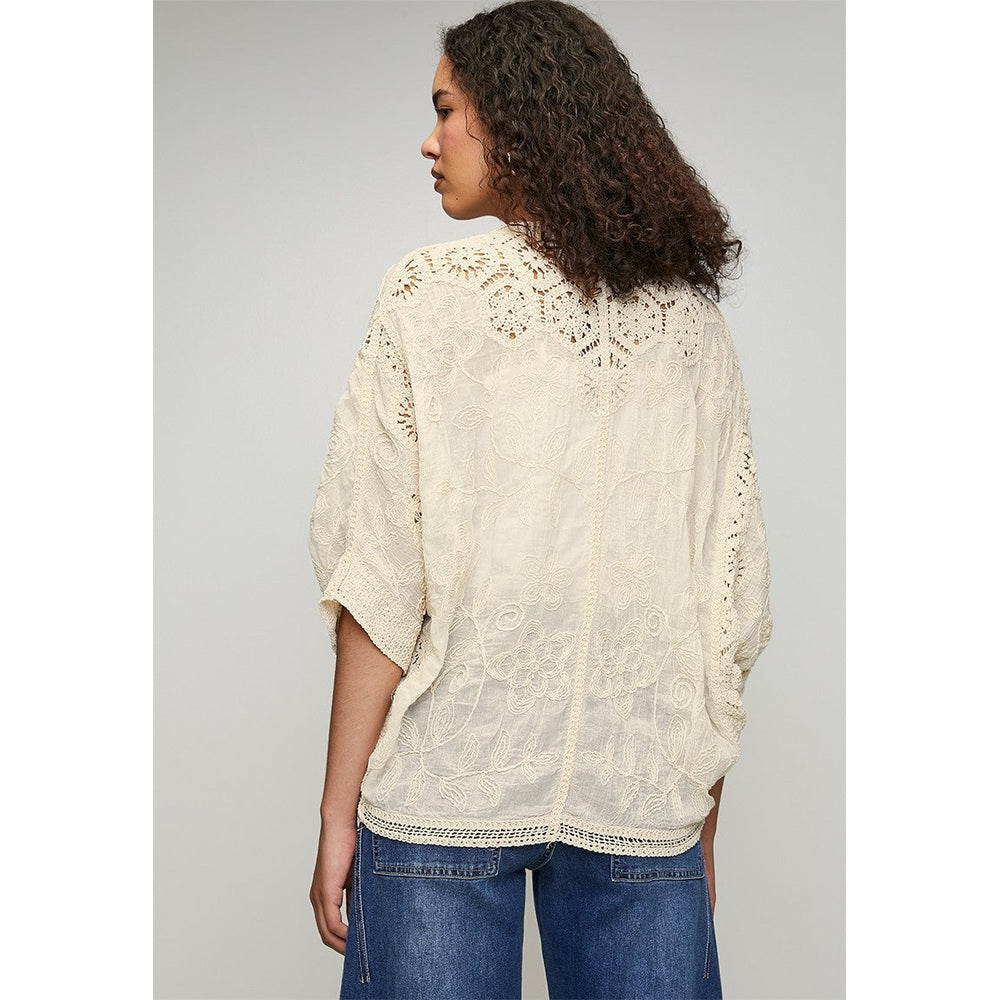 Mandi Easy Wearing Batwing Sleeve Crochet 3 Buttoned Blouse In Ivory