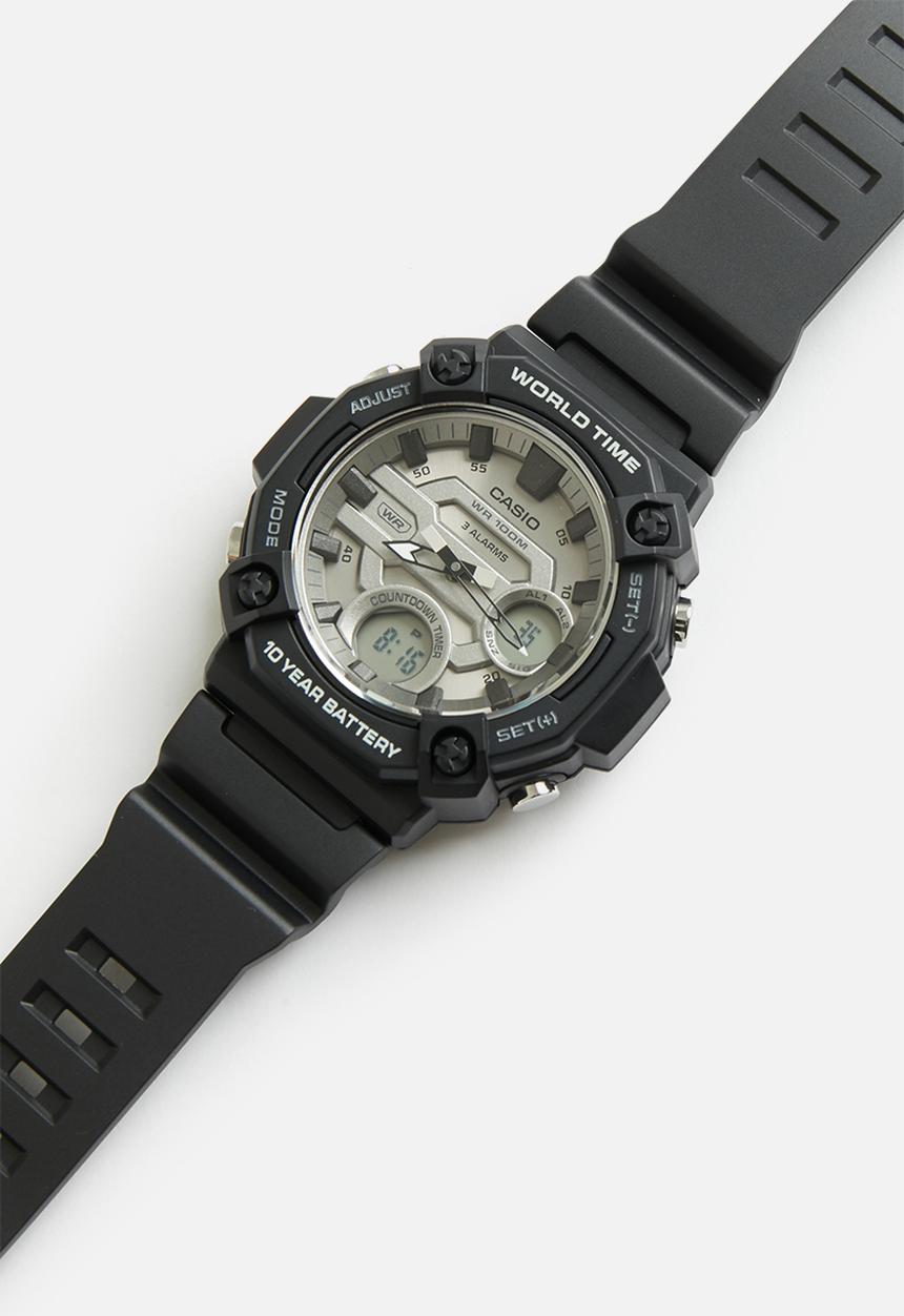 Casio Mens Anadigi Silver Case And Black Resin Band Watch