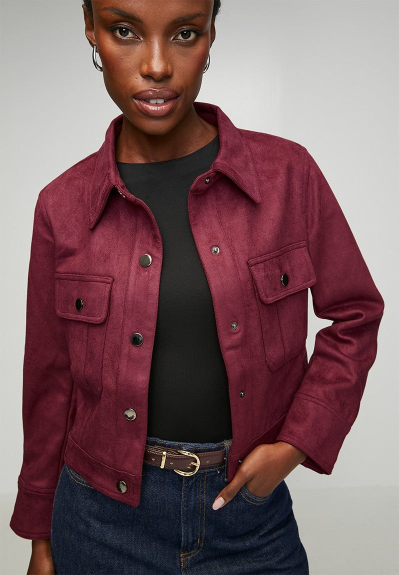 Stella Morgan Long Sleeve Snap Button Crop Faux Suede Jacket In Purple