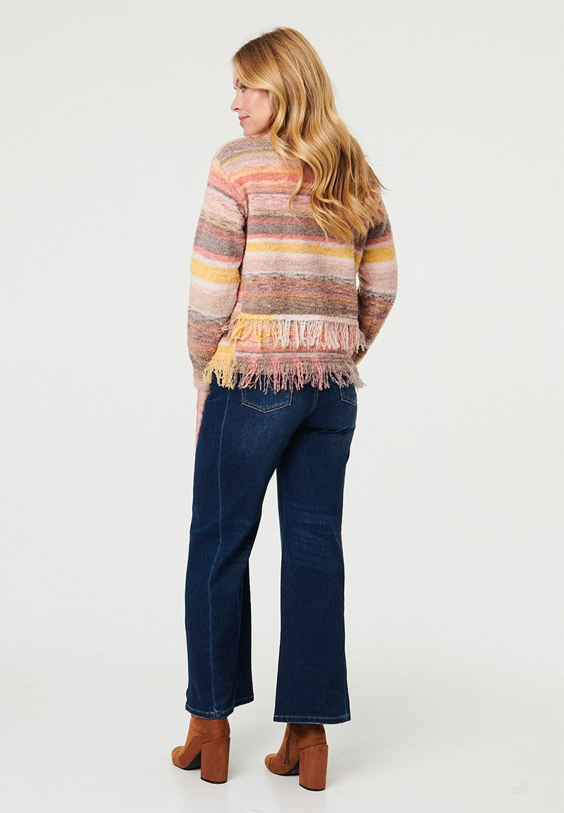 Mandi Long Sleeve V-Neck Ombre Effect Sweater With Fray In Multi