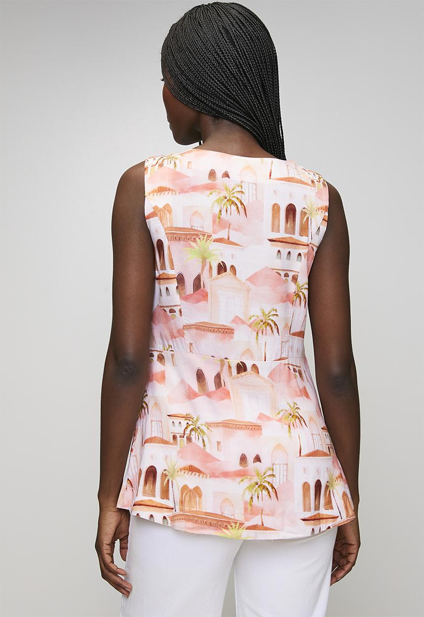 Mandi Womens Longer V-neck Printed Waistcoat In Coral