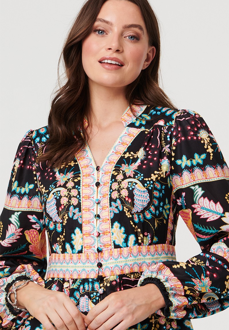 Stella Morgan Long Sleeve Multi Tier Button Down Dress In Black Multi