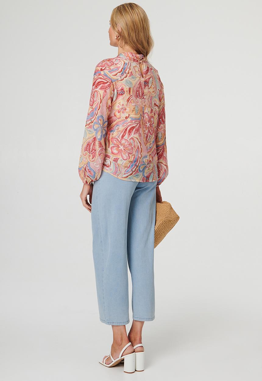 Mandi Womens Long Sleeeve Blouse With Keyhole Neckline In Multi Pink
