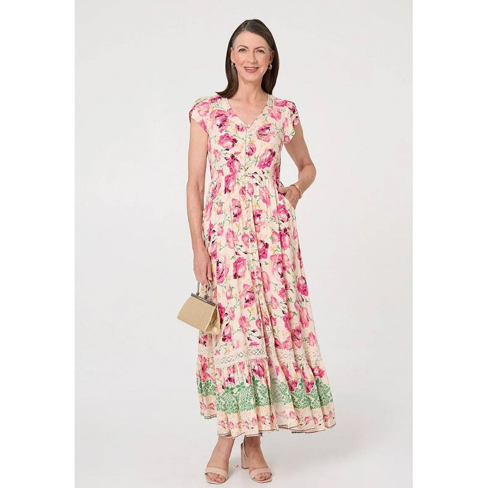 Stella Morgan Cap Sleeve With Flutter V-Neck Button Through Maxi Dress With Border Print Detail Pink Multi
