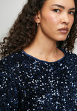 Stella Morgan Loose Crew Neck Sequin Top With Key Hole And Satin Bow At Back In Navy