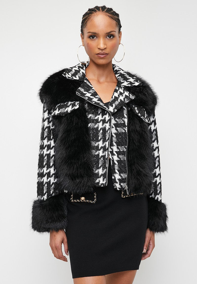Sissyboy Ladies Houndstooth And Faux Fur Black And White Combi Jacket