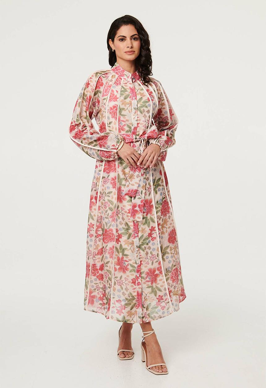 Stella Morgan Womens Button Through Maxi Dress With Binding Throughout In Multi Pink