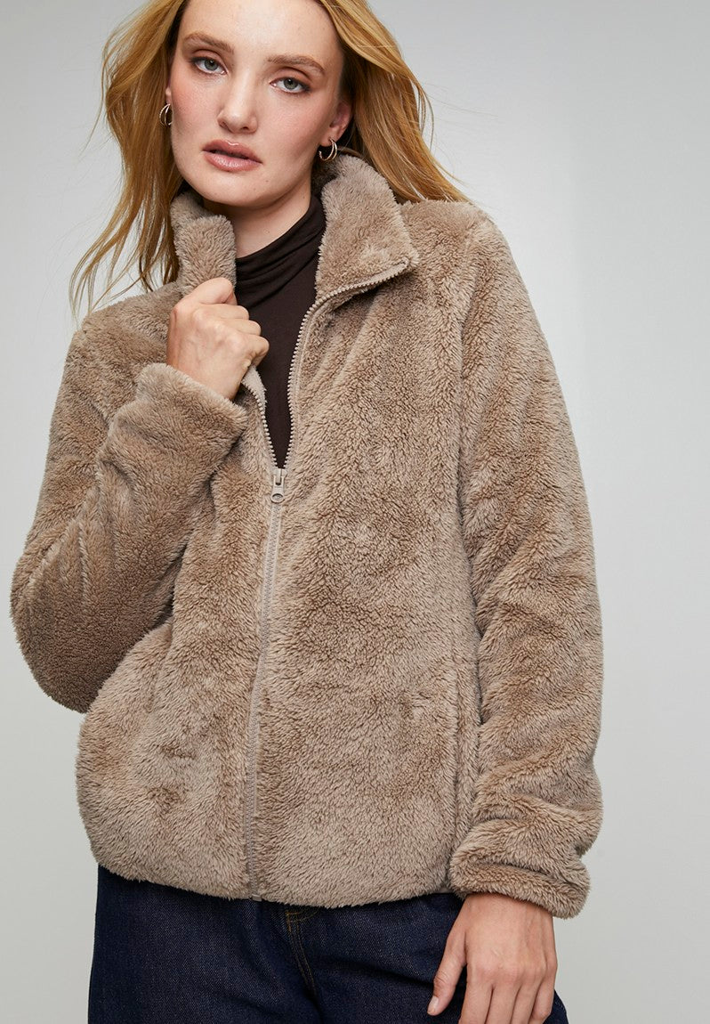 Stella Morgan Long Sleeve Zip Through Teddy Jacket In Mocha