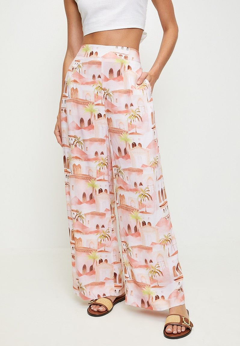 Mandi High Waisted Leg Palazo Printed Pant In Coral