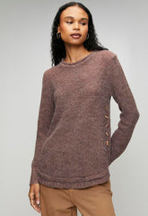 Mandi Womens Crewneck Sweater With Side Buttons In Chocolate