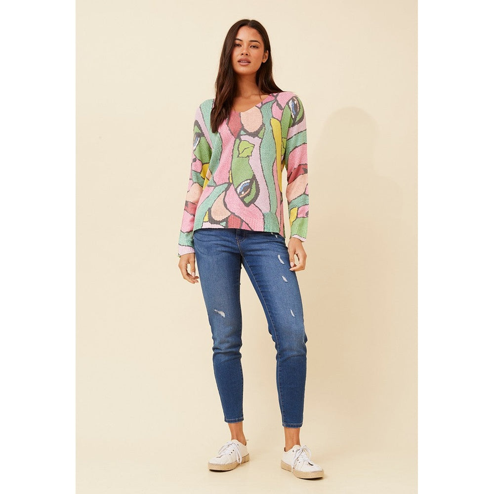 Mandi Viscose Blend Long Sleeve Neck Knitwear Top In Pink Multi