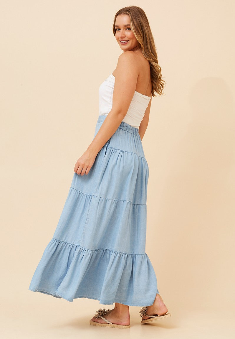 Stella Morgan High Waist Multi Tier Skirt In Mid Denim