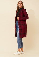 Izabel London Womens Longer Length Check Cardi Sweater In Burgundy