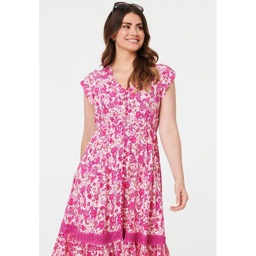 Izabel London Cap Sleeve With Flutter V-Neck Button Through Midi Dress Printed In Pink