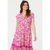 Izabel London Cap Sleeve With Flutter V-Neck Button Through Midi Dress Printed In Pink