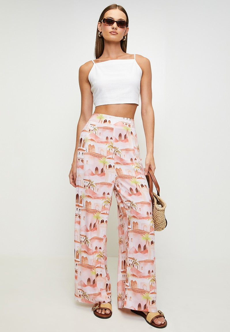 Mandi High Waisted Leg Palazo Printed Pant In Coral