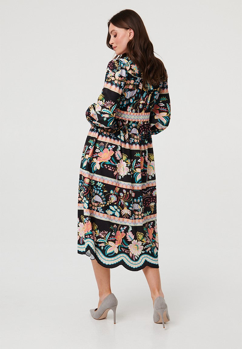 Stella Morgan Long Sleeve Multi Tier Button Down Dress In Black Multi