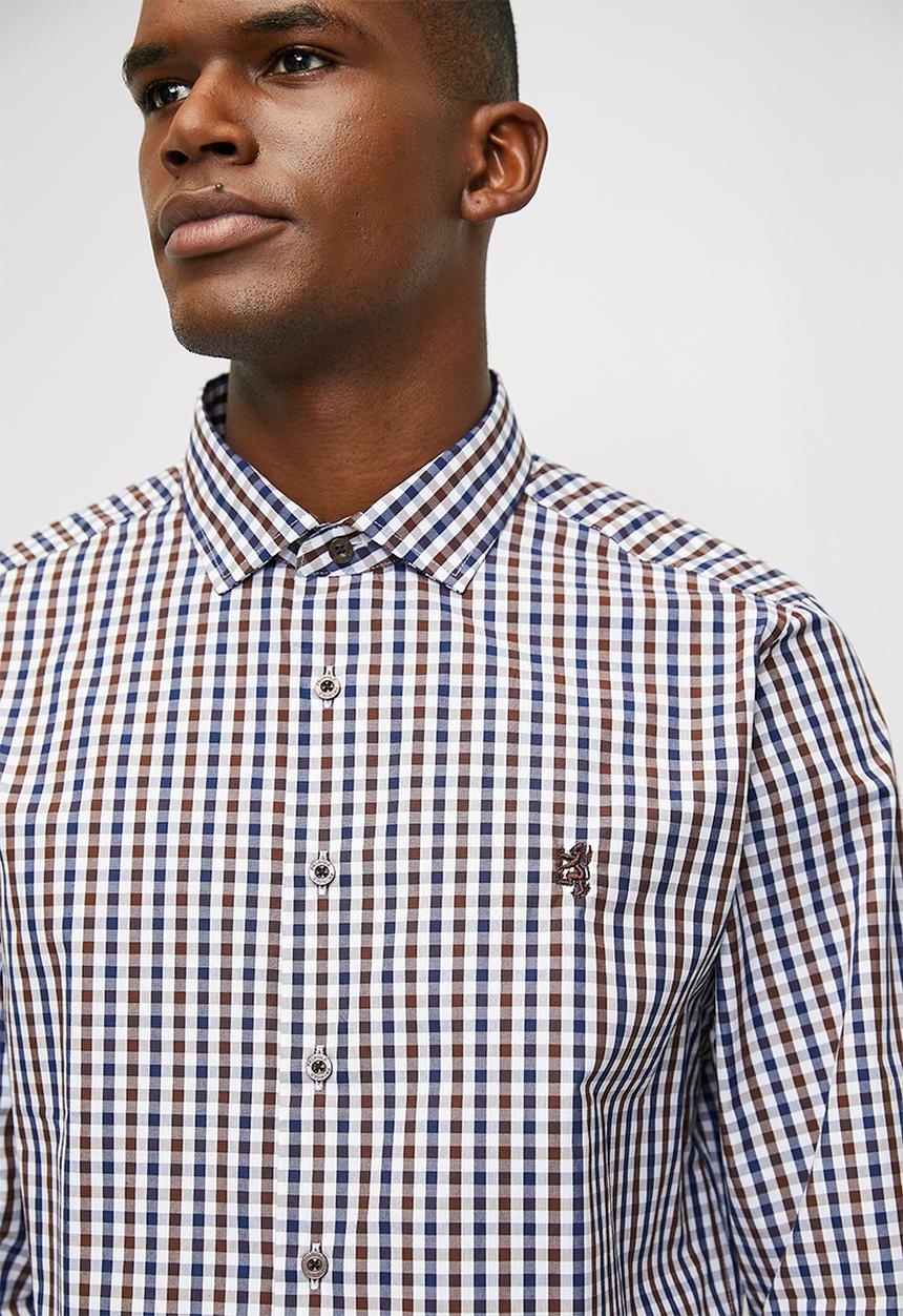 Pringle Mens Roger Gingham Tailored Shirt In Brown And Navy