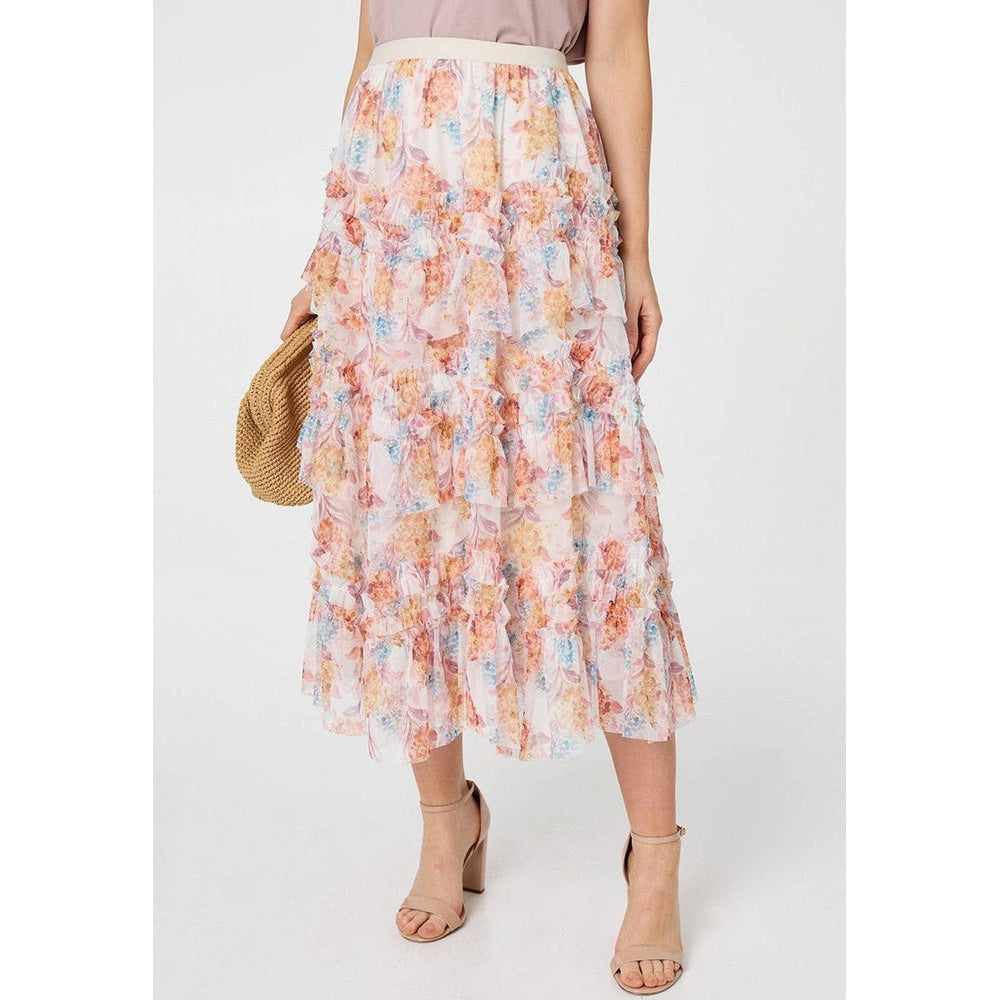 Stella Morgan Elasticated Multi Tiered Printed Mesh Midi Skirt In Cream Multi