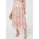 Stella Morgan Elasticated Multi Tiered Printed Mesh Midi Skirt In Cream Multi