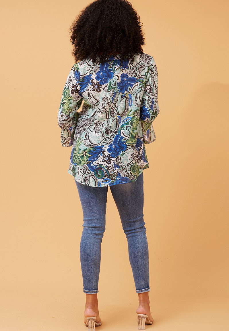 Stella Morgan 3/4 Sleeve Flutter V-Neck Button Through Sheer Blouse In Blue