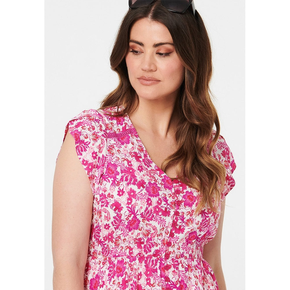 Izabel London Cap Sleeve With Flutter V-Neck Button Through Midi Dress Printed In Pink